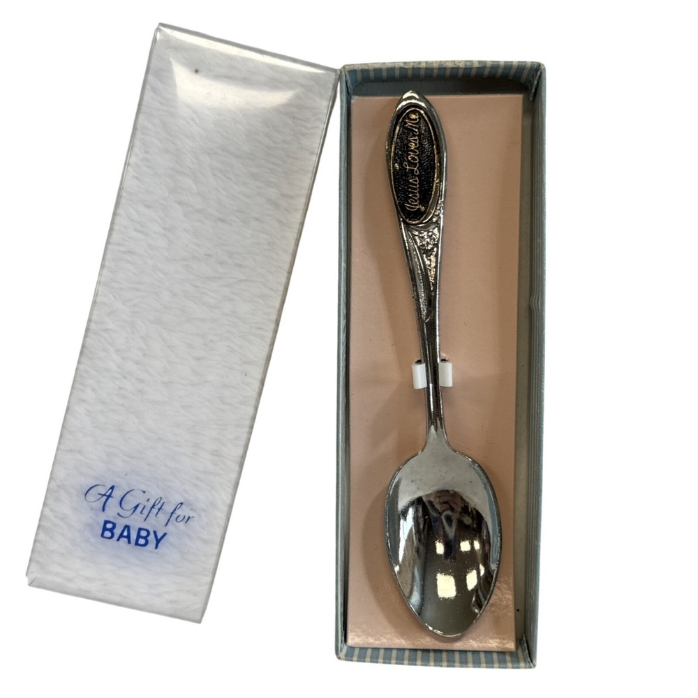Vintage Silver Tone Jesus Loves‎ Me Baby Spoon Keepsake with Box